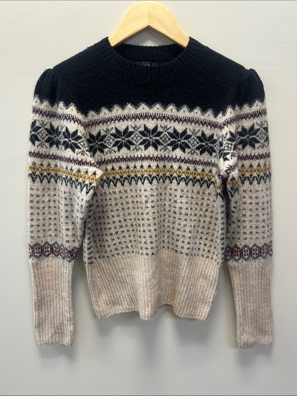 J Crew Womens Nordic Pattern Crewneck Sweater - Black & Cream
